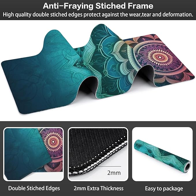 Desk Mat, Vintage Mandala Flowers Extended Large Gaming Mouse Pad XXL, Non-Slip Rubber Base Stitched Edges Long Computer Keyboard Desk Pad Mouse Mat for Home Office Gaming 35.4"X15.7"