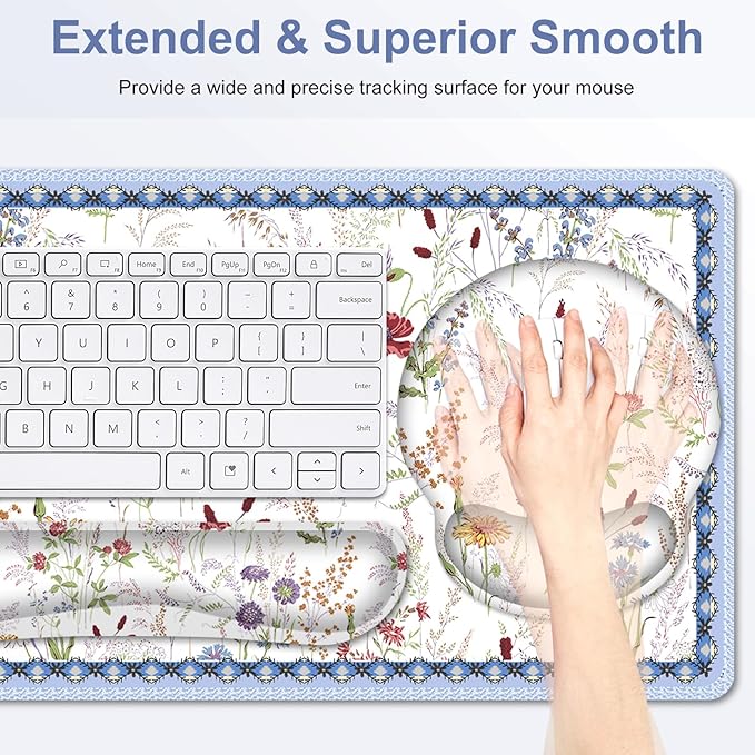Floral Desk Mat, 4in1 Large Mouse Pad with Wrist Rest, Cute Desk Matt for Desktop, Desk Pad Mat, Anti-Slip XXL Computer Ergonomic Mousepad with Wrist Support for Keyboard and Mouse I Colorful Weeds