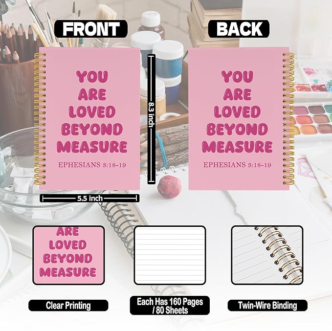 Pink Christian Spiral Notebook, Inspirational Religious Journaling Notebooks for Office School, Preppy Girly Hardcover Journals Gifts for Teen Girls Women Kids, 160 Pages 5.5 x 8.3 Inch