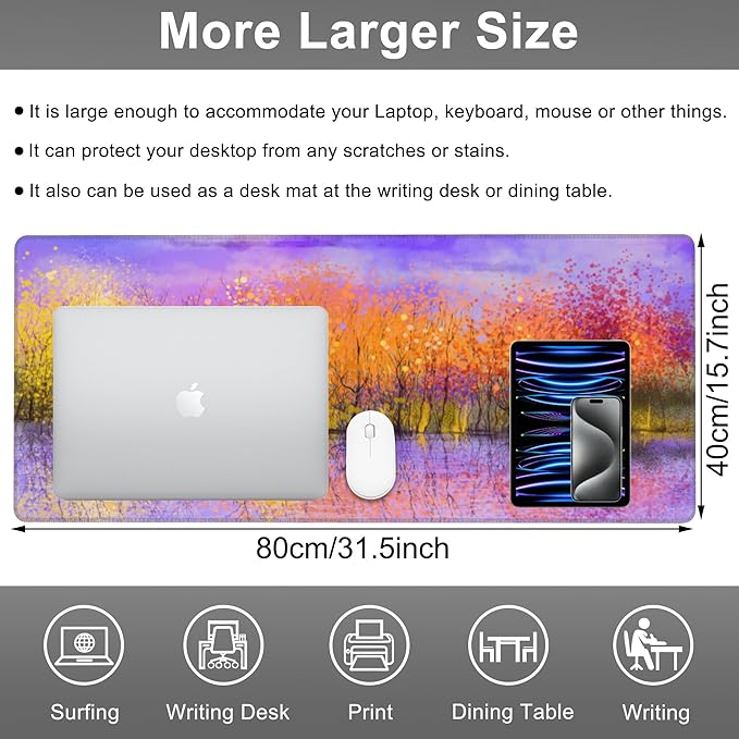 Mouse Pad, Large Colorful Autumn Trees Desk Mat, Extended Non-Slip Gaming Keyboard Mousepad Desk Pad, Thick Stitched Edges Waterproof Mouse Mat 31.5"x15.7" (Fall Nature Landscape Oil Painting)