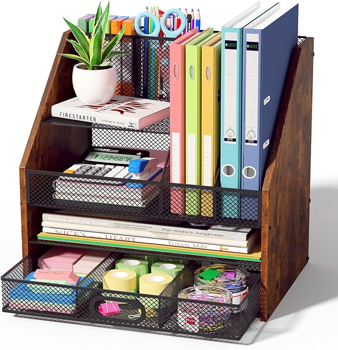 Wooden Desk Organizer - Mesh File Organizer with Drawers and Pen Holder - 4-Tier Vertical Paper Letter Storage Tray, Desktop Organizers and Accessories for Home Office