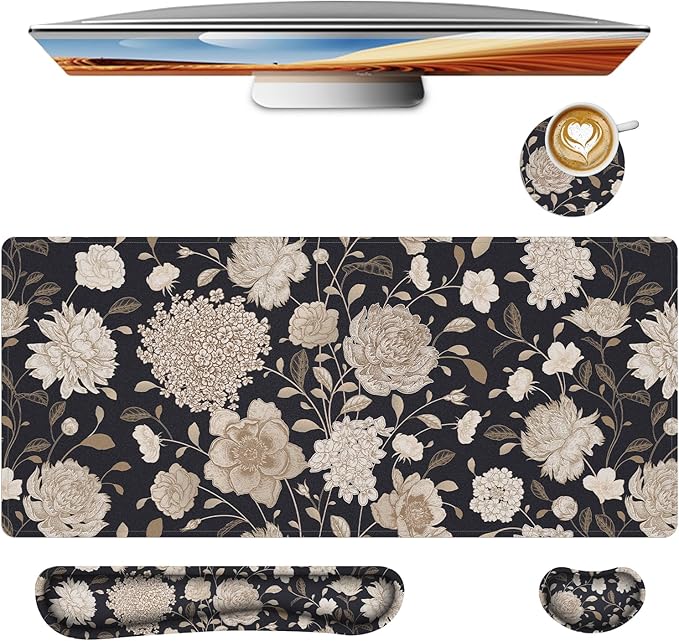 Floral Large Mouse Pad with Wrist Support Set of 4,Large Gaming Mouse Pad+Keyboard Rest+Mouse Wrist Rest+Coaster,Ergonomic Mouse mat,Anti-Slip,Memory Foam Desk Mat for Home Office Gaming (Rose)