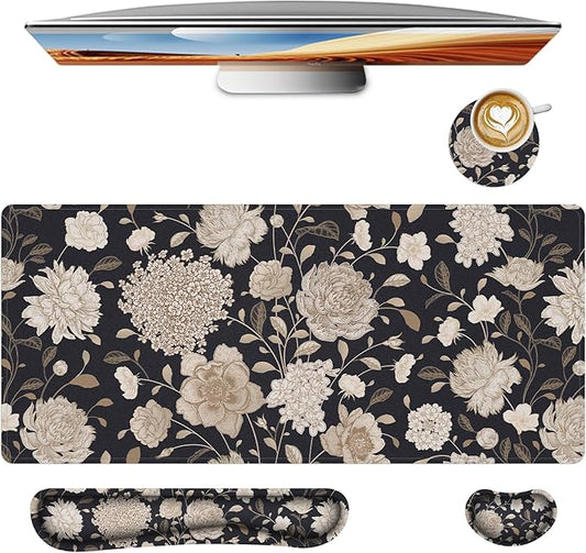 Floral Large Mouse Pad with Wrist Support Set of 4,Large Gaming Mouse Pad+Keyboard Rest+Mouse Wrist Rest+Coaster,Ergonomic Mouse mat,Anti-Slip,Memory Foam Desk Mat for Home Office Gaming (Rose)