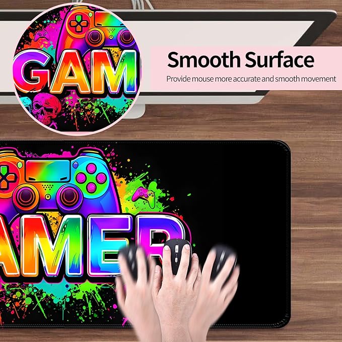 Retro Black Gamer Gaming Desk Mat, Computer Keyboard Large Extended Long Mouse Pad for Office and Home, XL (W21)