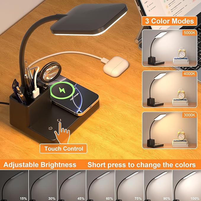 Sailstar Desk Lamp, Table Lamp with Wireless Charger & USB Port, 800LM CRI95 3 Color Modes Dimmable Touch 360°Gooseneck Pen Holder, LED Desk Lamps for Home Office, College Dorm Room, Adapter Included