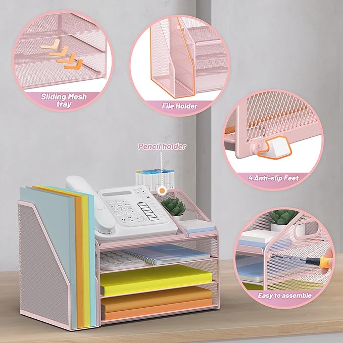 DocNest 4 Tier Paper Letter Tray File Organizer, Mesh Desk File with Handle, Workspace Desk Organizers with Pen Holder, Office Organization Storage Accessories - Pink