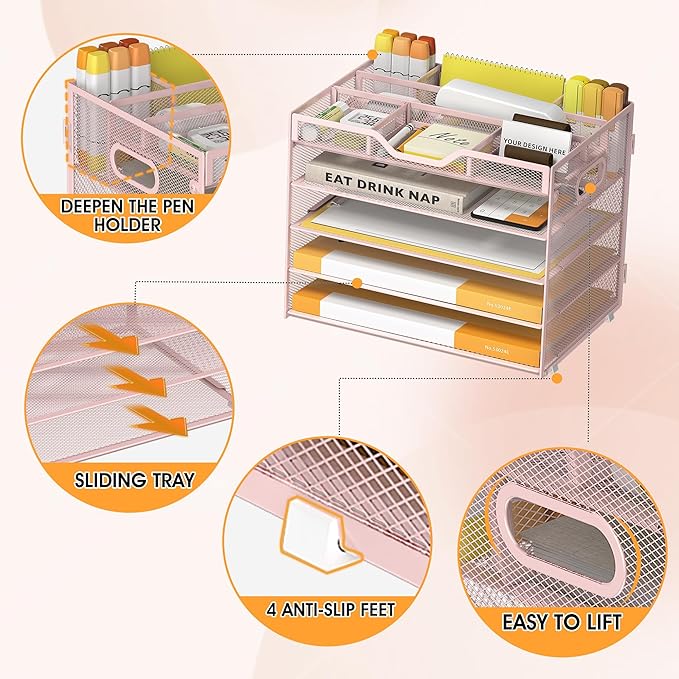 5 Tier Paper Letter Tray with 3 Drop-in Pen Holders, Mesh Desk File Organizer with Handle, Desk Organizers and Accessories for School,Home, Office Supplies Storage-Pink