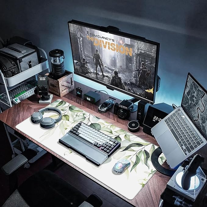 Large Gaming Mouse Pad for Desk, Watercolor Green Leaves and Branches Desk Mat for Desktop, Non-Slip Rubber Base Stitched Edges Long Computer Keyboard Mouse Mat Desk Pad for Home Office 35.4"X15.7"