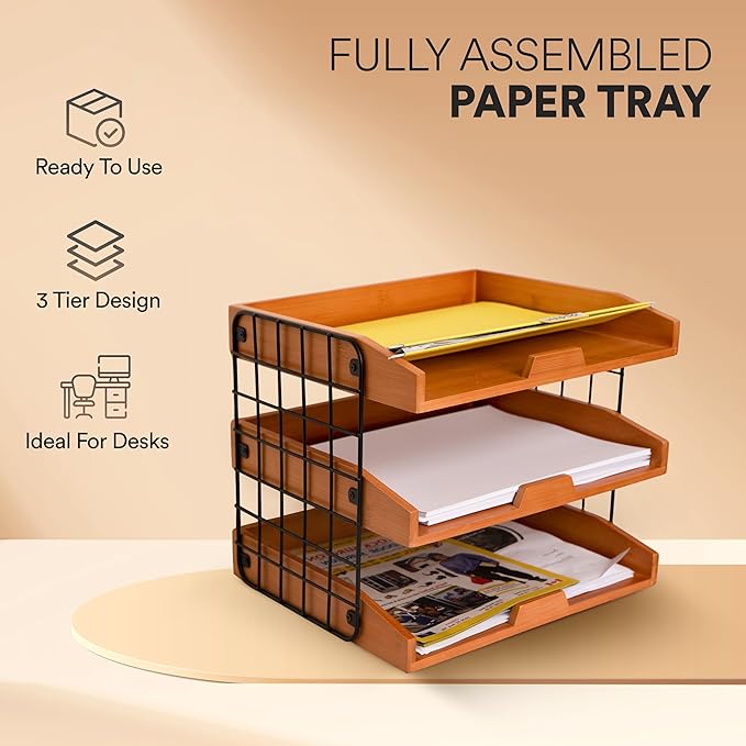 Wood Inbox Tray - Sturdy 3 Tier Letter Tray Desk Organizer, 1/3" Thick Wooden Shelves Paper Tray With Metal Frame (Assembled, Golden)