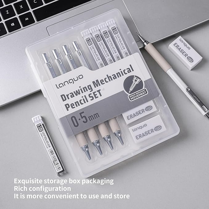 0.5mm Mechanical Pencil Set with Case, 4PCS Drafting Mechanical Pencils Kit – 4 Tubes 2B Lead Refills, 3 Erasers, Ideal Pencil Set for Writing & Drawing
