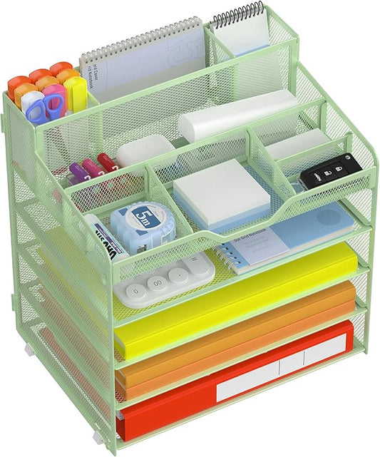 Docnest 5 Tier Mesh Desk Organizer for Paper Office Supplies – Multi-Functional Letter Tray with 5 Adjustable Compartments, 3 Pen Holders, Desktop Storage for Files, Mail, Stationery – Green