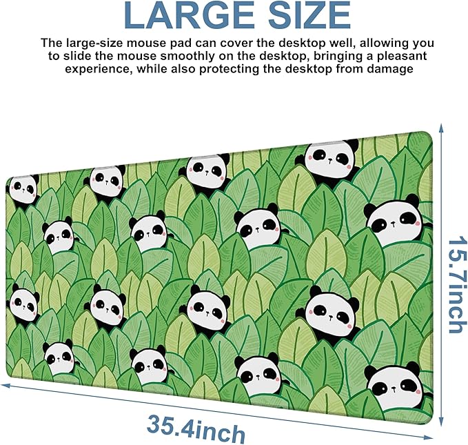 Panda and Leaves Gaming Mouse Pad 3mm Thick Stitched Edge Waterproof Non-Slip Large Computer Keyboard Mouse Mat,Suitable for Office Entertainment Decorative Desk Pad 35.4 x 15.7 Inches