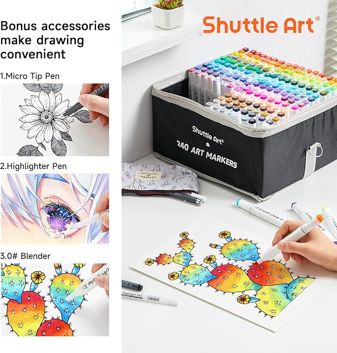 Shuttle Art 240 Colors Alcohol Markers, 239 Colors Dual Tip Art Marker Set Plus Colorless Blender, Micro-tip Pens, White Highlighter Pens, Marker Bag with Holders Perfect for Students Adults Coloring