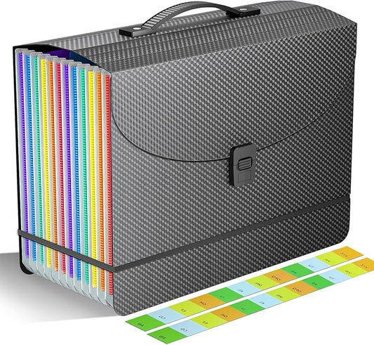 Accordion File Organizer/Expanding File Folder with Handle,13 Pockets Filing Box,Perfect for Desktop Standing/Portabe Document Paper Organizer,A4/Letter Size,Monthly/Blank Tabs,Black Diamond