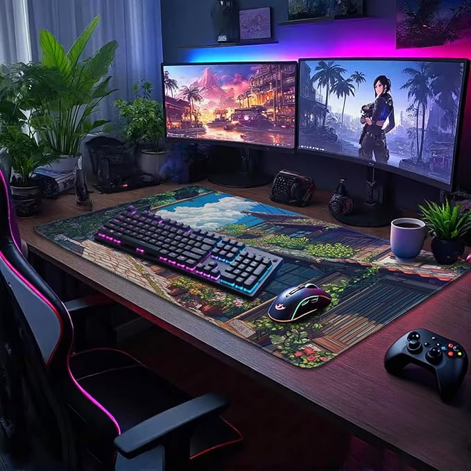 Japanese Street Scene Large Gaming Mouse Pad 31.5"x15.7"｜XXL Desk Mat, Non-Slip Rubber Base & Stitched Edges - Extended Waterproof Mousepad for PC/Laptop/Office/Home Decor