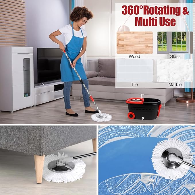 Spin Mop and Bucket with Wringer Set, Stainless Steel 360 Spinning Mop Bucket with 2X Round Wheels for Home Cleaning System with Dual Mop Heads Self Wringing Red Big Bucket 25QT (Black & Red)