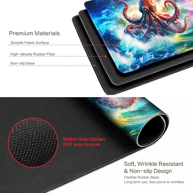 Vimorco Large Gaming Mouse Pad, Large Desk Pad Big Computer Mat Mousepad, Desk Mat Laptop Keyboard Mouse Mat for Game/Office/Home/Work 31.2x15.6 in, Octopus Monster Sailing Adventure