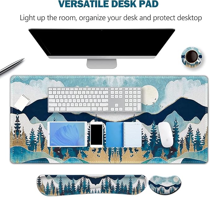 ARTSO Large Gaming Mouse Pad Set, Keyboard Wrist Rest Support + Mouse Wrist Cushion + Extended Mousepad + Coaster, 35x15.5in Multifunctional Desk Mat, Abstract Mountain