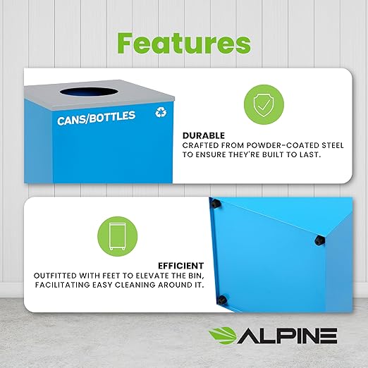 Alpine Industries Circle Lid 29 Gallon Sturdy Steel Cube Recycling Container, Square Opening - 3 Color Cans Available Sold Separately (Lid Circle Opening)