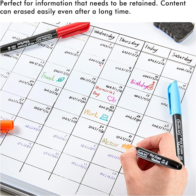 Shuttle Art Wet Erase Markers, 10 Colors 1mm Fine Tip Smudge-Free Markers, Use on Laminated Calendars, Overhead Projectors, Schedules, Whiteboards, Transparencies, Glass, Wipe with Water