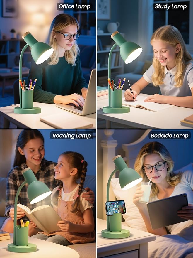 LED Desk Lamp with Pen Holder, Eye-Caring Desk Light 3 Color Modes Reading Light Flexible Gooseneck Metal Study Lamp, Cute Table Lamps for Home Office Bedside Dorm (Green Lamp)