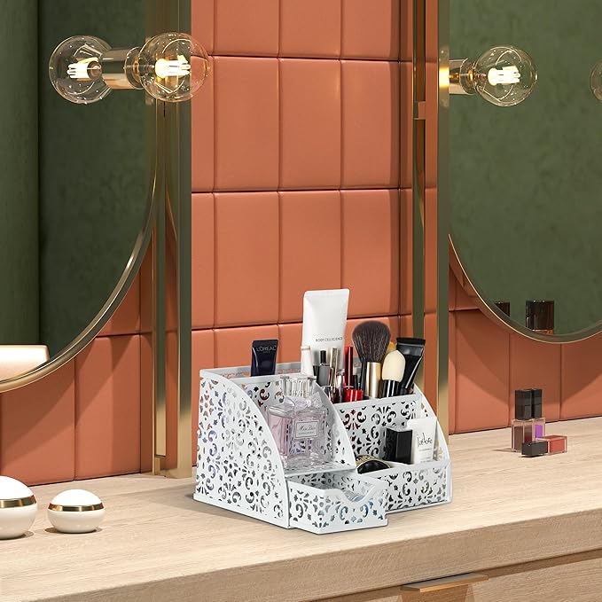 EasyPAG Pen Holder Desk Organizer with Drawer Pencil Cup for Desk 6 Compartments Metal Office Caddy Storage with Sticky Notes Holder for School Home Office, White