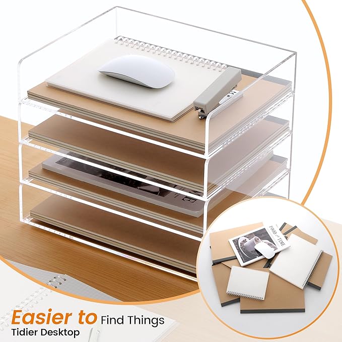 Acrylic Paper Tray, 4 Tier Paper Organizer for Desk, Clear Acrylic Desk Organizers, Stackable Letter Tray Workspace oaganzier -Art Storage for School Classroom -4 Pack…