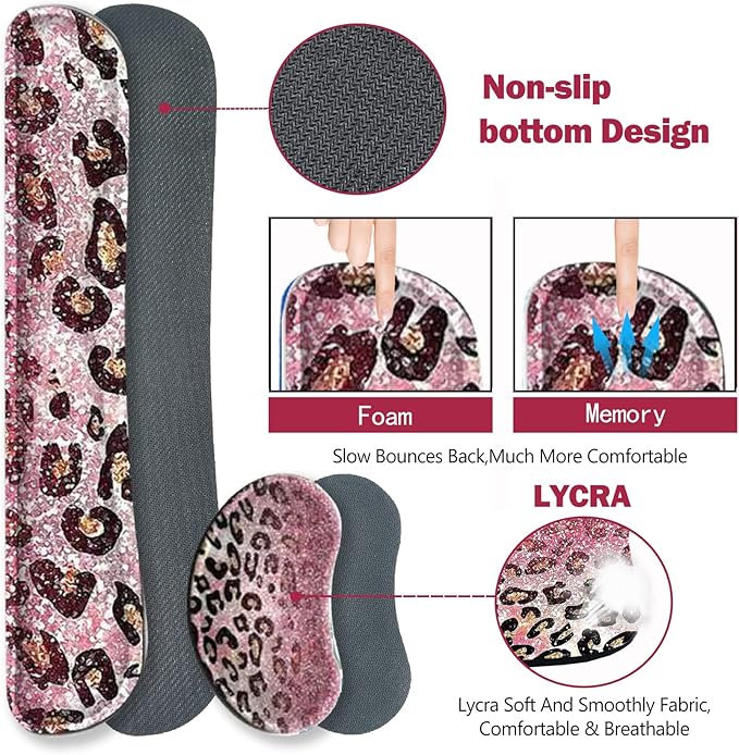 ARTSO Extended Gaming Mouse Pad Set, Keyboard Wrist Rest Support Pad + Wrist Cushion + XXL Large Mouse Pad + Coaster, Stitched Edge, Non-Slip, Memory Foam Desk Mat, Pink Leopard Print