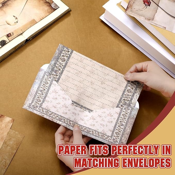 TaoBary 160 Pcs Stationery Paper Set 50 Double Sided Stationery Papers with 50 Matching Envelopes and 60 Round Dot Sticker, 10 Design(Lace Edged Scrapbook,8.5 x 11 Inch)