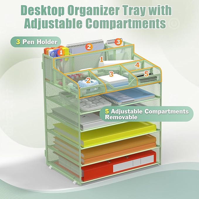 Docnest 6 Tier Mesh Desk Organizer for Paper Office Supplies – Multi-Functional Letter Tray with 5 Adjustable Compartments, 3 Pen Holders, Desktop Storage for Files, Mail, Stationery – Green
