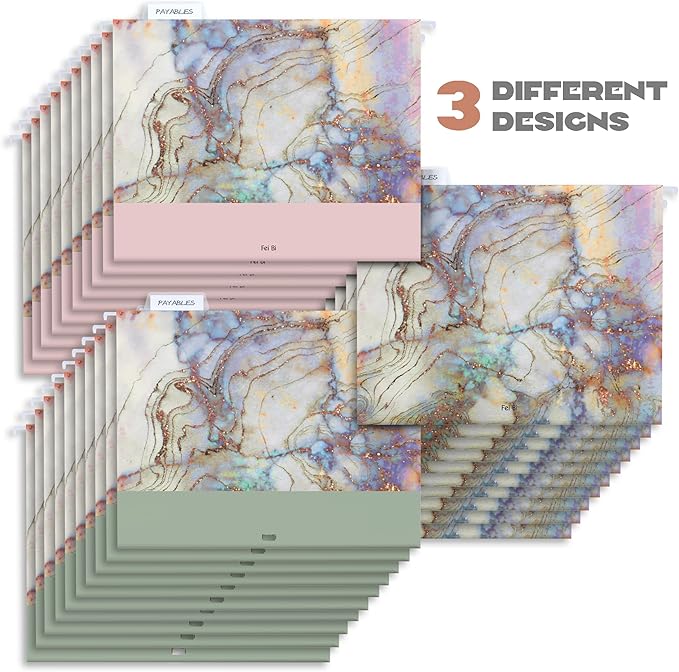 CharaVector Hanging File Folders Letter Size Assorted Durable Refined Design Decorative Hanging File Folder Set, 1/5-Cut Adjustable Tabs,30pcs for Cabinet,File Organizer,Marbling