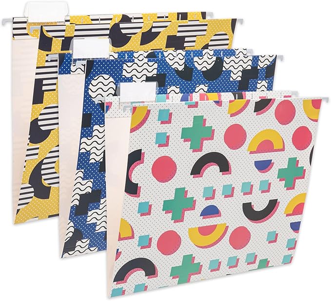 6 Pack Hanging File Folder Letter Size Reinforced Hanging Folders with 1/5-Cut Adjustable Tabs File Folders for Filing Cabinet Organizer for Office Home, Memphis Design