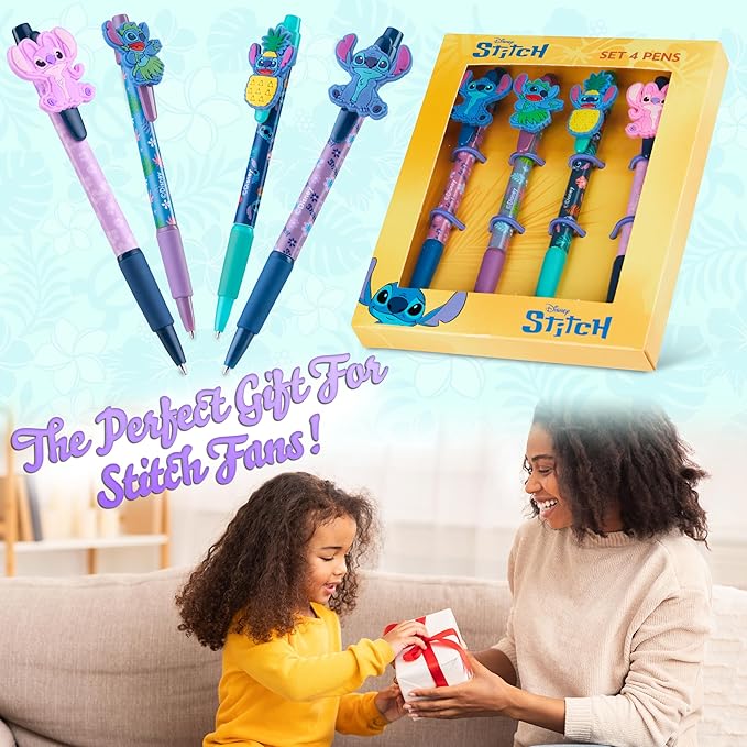 Disney Pens, 4 Cute Pens with Adorable Stitch Toppers, Pretty Pens for Journaling, Drawing, or School Work, Cute Pens for Women & Kids, Stitch School Supplies, Black Ink Ballpoint Pen Set