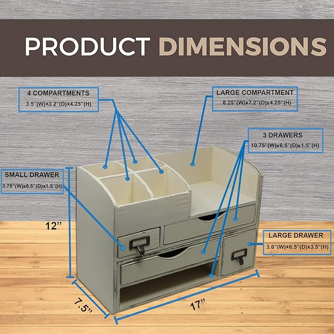 Executive Office Solutions Large Adjustable Wooden Office Desk Organizer For Desktop, Tabletop, or Counter – Wood Storage Shelf Rack – For Office Supplies, Desk Accessories, or Mail - White (WO13)