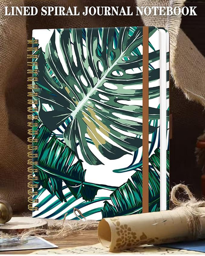 Spiral Journal Notebook for Women, Hardcover A5 College Ruled Notebook, 120 Pages, Thick Paper, Cute Lined Journal for School, Office & Work, 6 x 8.4 in(Palm Leaves)