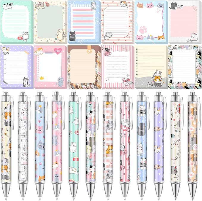 24 Pcs Cat Sticky Notes with Pens Cat Themed Gifts Party Favors Notepad Cute Memo Notes Pads Black Ink Ballpoint Pen for Women Animal Lover Christmas Gifts Office School Students Teacher Supplies