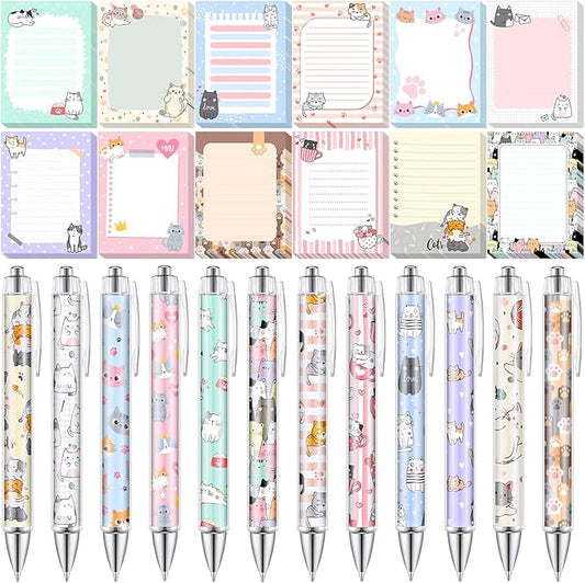 24 Pcs Cat Sticky Notes with Pens Cat Themed Gifts Party Favors Notepad Cute Memo Notes Pads Black Ink Ballpoint Pen for Women Animal Lover Christmas Gifts Office School Students Teacher Supplies