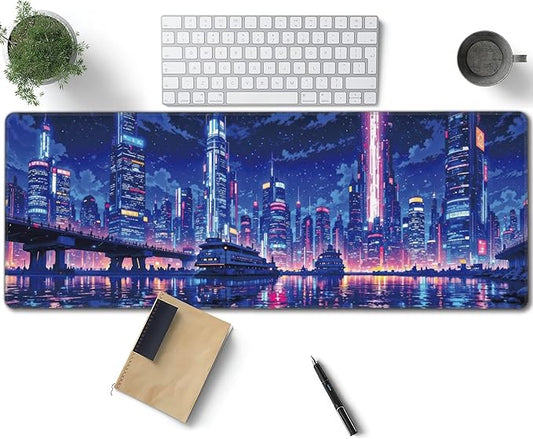 Neon City Large Mouse Pad, Anime Style Gaming Desk Mat, XL Keyboard Desk Pad Mat for Desktop, 31.5"x11.8" Non-Slip Base Big Mousepad with Stitched Edges
