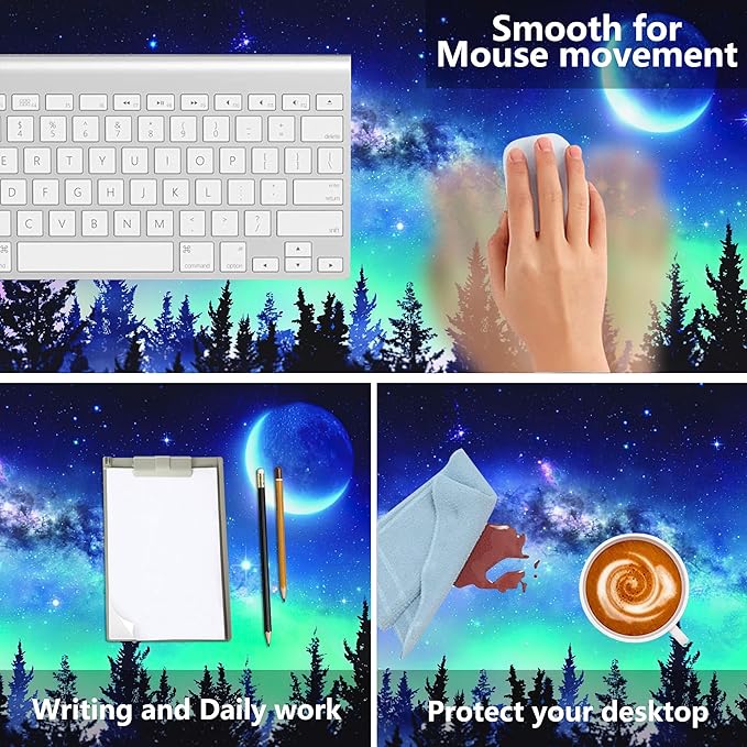 MIOAOSRT Desk Mat,Milky Way and Moon in Night Forest Large Gaming Mouse Pad with Stitched Edges,Non-Slip Computer Mouse Pad for Desk,Extended XXL Keyboard and Mouse Pad 35.4x15.75 in
