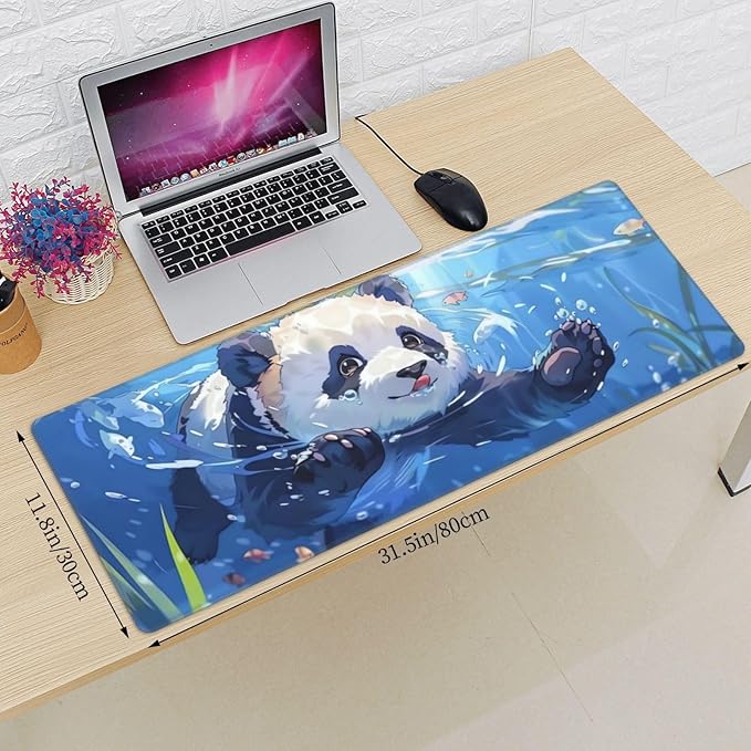 Cute Big Panda Gaming Mouse Mat Extended Large XL Mouse Pad Desk Mat Non-Slip Rubber Mice Pads Stitched Edges for Office and Home,31.5 X 11.8 X 0.12 Inches
