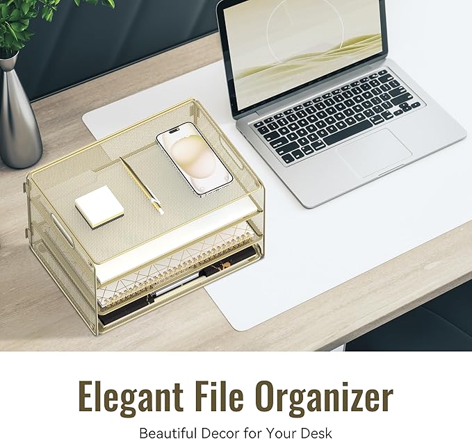 DALTACK 3 Tier Letter Tray Paper Organizer with Handle, Mesh Desk File Organizer, Paper Tray Desk Organizer for School Office Home, Metal Mesh, Golden Yellow
