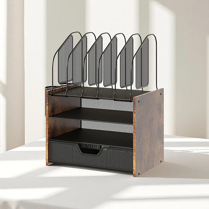 Wood Desk Organizer - 4-Tier Desktop File Organizer with Drawer, Wooden Paper Tray, Vertical File Holders & 2 Pencil Holders - Office Desk Organizer for Papers, Mail, Notebooks, Stationery
