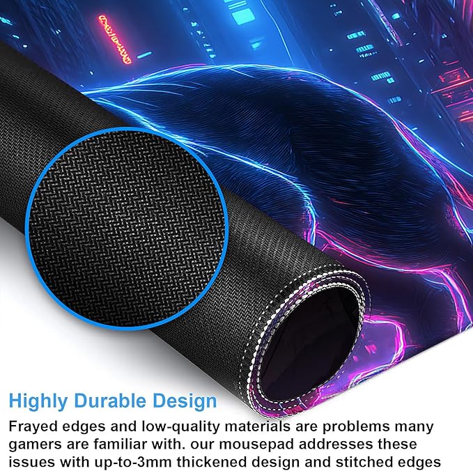 Desk Pad, Neon Cat Prowling Cyberpunk Cityscape XXL Gaming Mouse Pad with Stitched Edges,Non-Slip Waterproof Rubber Base Large Desk Mat for Keyboard and Mouse 35.4"x15.7"