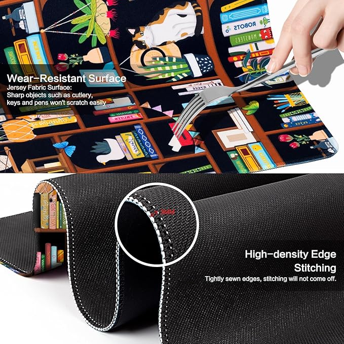 Vimorco Desk Mat Mouse Pad Cozy Cats, Cute Cat XXL Extended Large Gaming Desk Pad Mousepad, Computer Laptop Keyboard Mouse Mat for Work/Game/Office/Home 31.5x15.7 in, Bookshelf Greenery