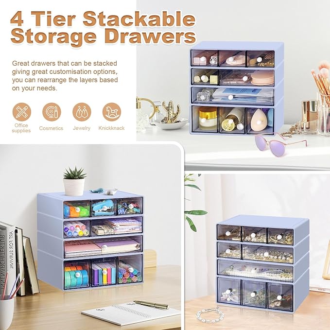 Desk Organizer with 9 Drawers, 4 Tier Plastic Stackable Storage Drawers for Desk Storage, Office Stationary Makeup Organizer Suit for Home, Office and School
