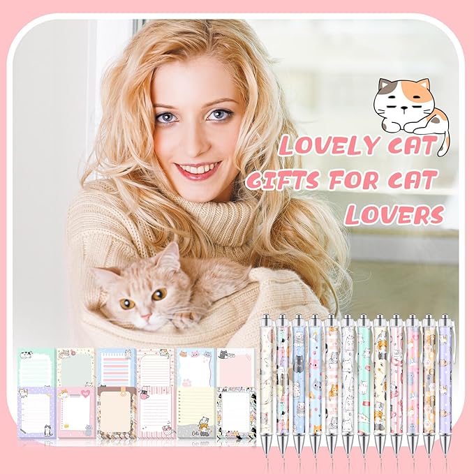 24 Pcs Cat Sticky Notes with Pens Cat Themed Gifts Party Favors Notepad Cute Memo Notes Pads Black Ink Ballpoint Pen for Women Animal Lover Christmas Gifts Office School Students Teacher Supplies