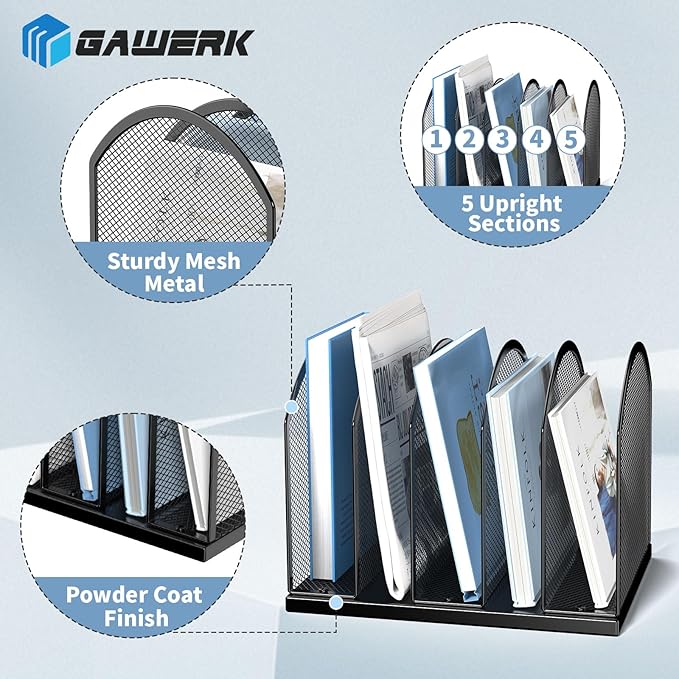 5-Section Vertical Desktop Organizer, 5-Section Mesh File Folder Stand Sorter for Office Home Classroom Organization (2, Black)