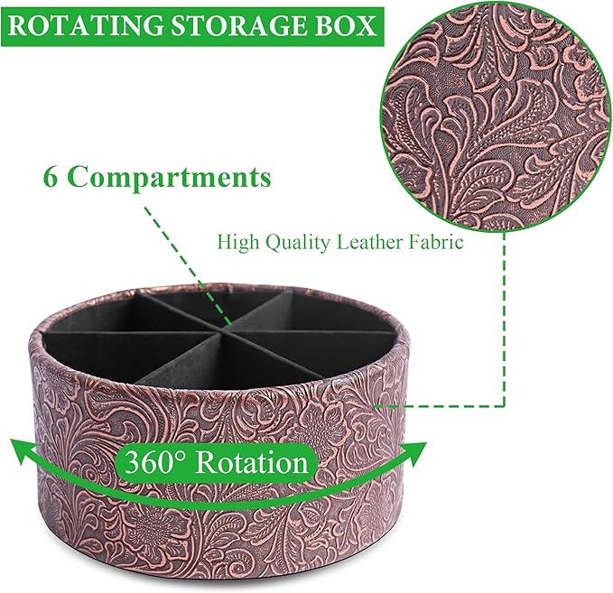 lizimandu Remote Control Holder, 360°Spinning PU Leather Desk TV Remote Caddy,Desk Storage Box Room Accessories for Controller, Media,Mail,Calculator, Mobile Phone,Pencil(1B-Carved Cooper Red)