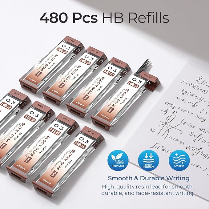 Nicpro 3 Pack Blocky Gear 0.3 mm Metal Mechanical Pencils Set with Case, Lead Drafting Pencil with 8 Tube (480PCS) Lead Refills, 4 Erasers, 18 Eraser Refills for Art Writing, Sketching Drawing