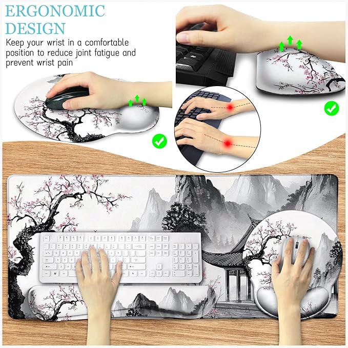 Japanese Ergonomic Mouse Pad Large Desk Mat Set, XXL Anime Mousepad with Wrist Rest, Wrist Support Gaming Keyboard Mat Cup Coaster Set, Japanese Style Office Desk Accessories Decor